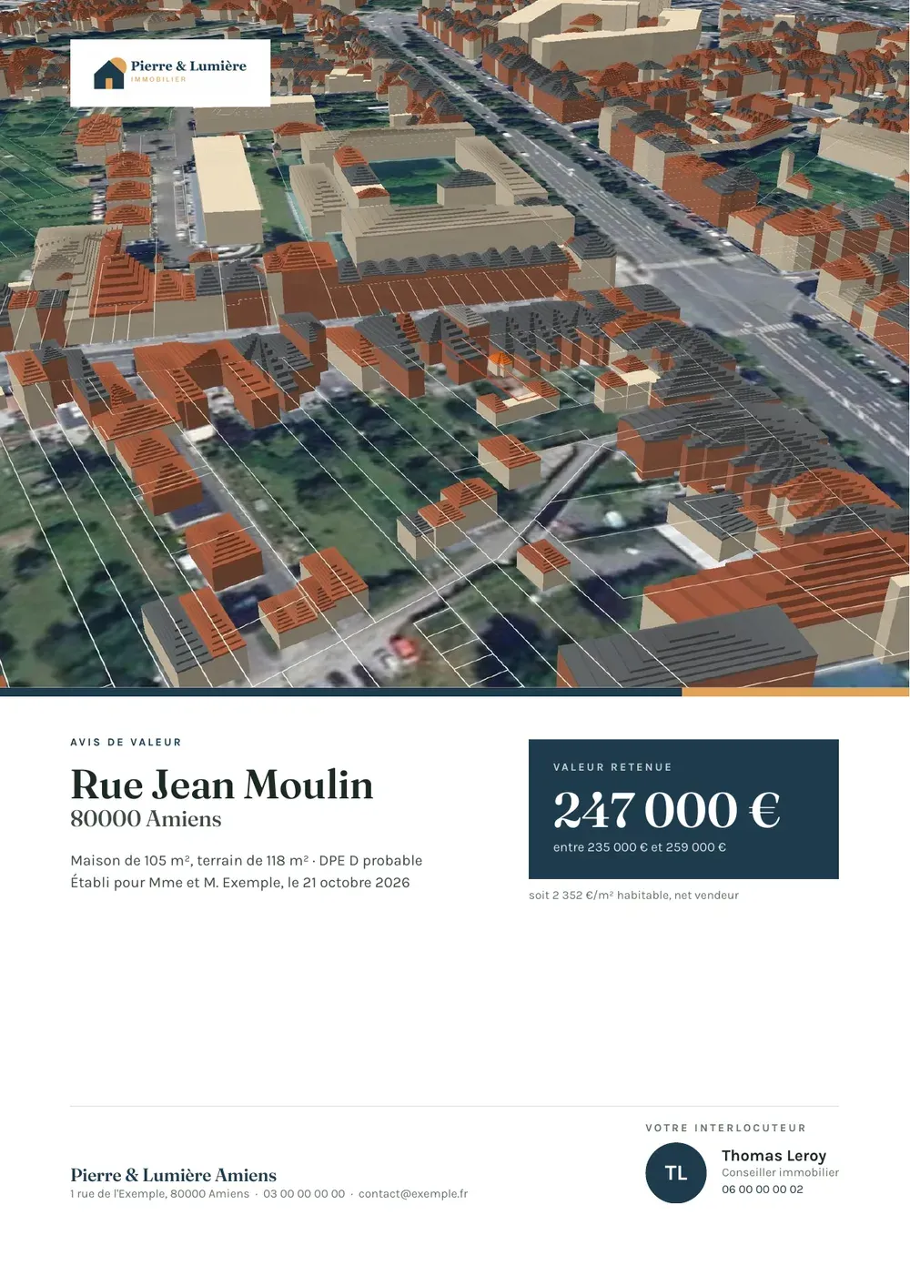 Couverture d'un avis de valeur : vue 3D, adresse et valeur retenue