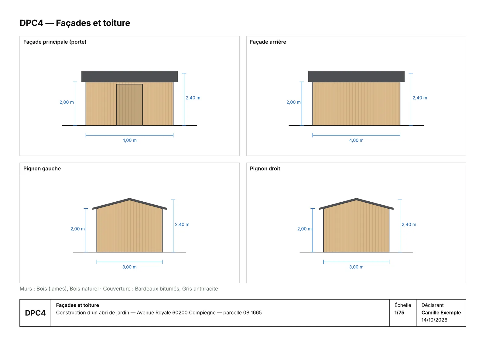 Façades cotées d'un abri de jardin, pièce DPC4 d'un dossier de déclaration