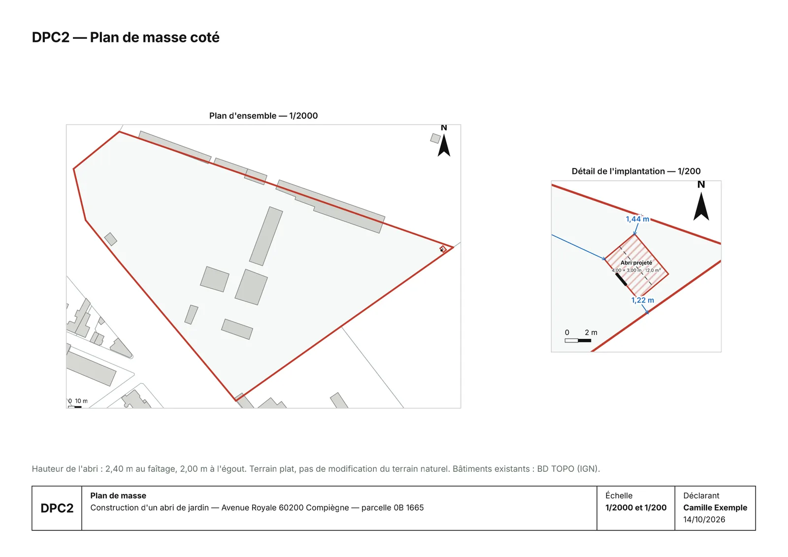Plan de masse coté d'un abri de jardin sur sa parcelle (DPC2)
